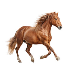 Fototapeta premium Majestic chestnut horse running gracefully across lush green field, showcasing its strength and beauty in natural environment
