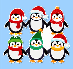 Festive Penguins Holding Hands Wearing Winter Hats and Scarves on Light Blue Background