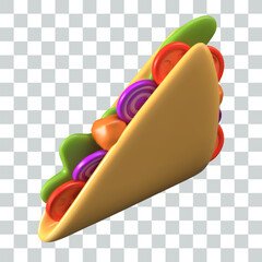 Triangular tortilla with vegetables and meat. Realistic taco top view. Mexican dish