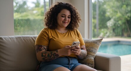 Plus Size Woman with Tattoos Relaxing on Sofa, Using Smartphone, Near Pool