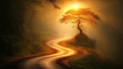 Winding Road to a Glowing Tree in the Forest