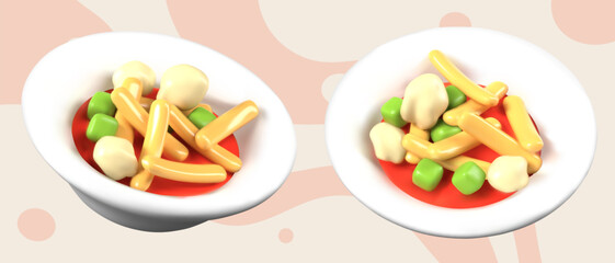 White realistic plate with bright vegetable dish. Vector model in different positions