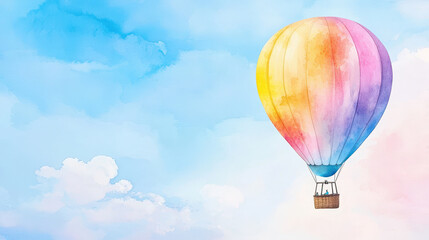 Vibrant watercolor hot air balloon floats against serene blue sky, evoking sense of adventure and tranquility