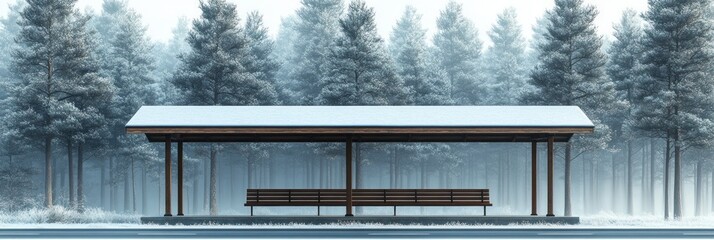 Winter Bus Stop Shelter in Snowy Forest Scene
