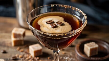 Espresso martini with brown sugar served in a martini glass. A caramel-colored drink with foam. Coffee beans are served as a side dish. The glass is decorated with brown sugar.