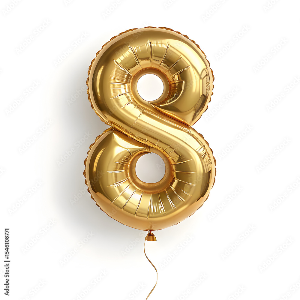 Fototapete a balloon shaped like the number 8 ,gold metallic finish with realistic reflections and smooth textu