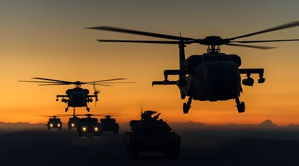 Keuken achterwand Voertuigen Military helicopters and vehicles at dusk silhouette formation strategic movement background and wallpaper  © Nouman