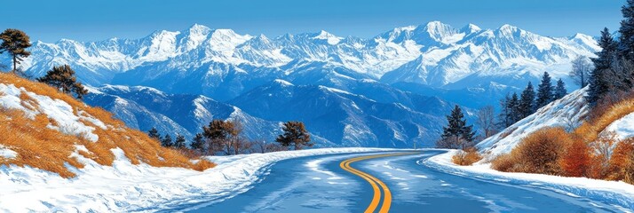 Winter Road Through Snowy Mountains