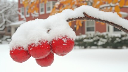Winter scene: Snow-covered red berries on a branch.