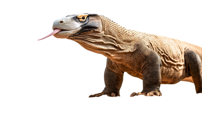 Close up of a komodo dragon with its tongue sticking out slightly on transparent background png - Powered by Adobe
