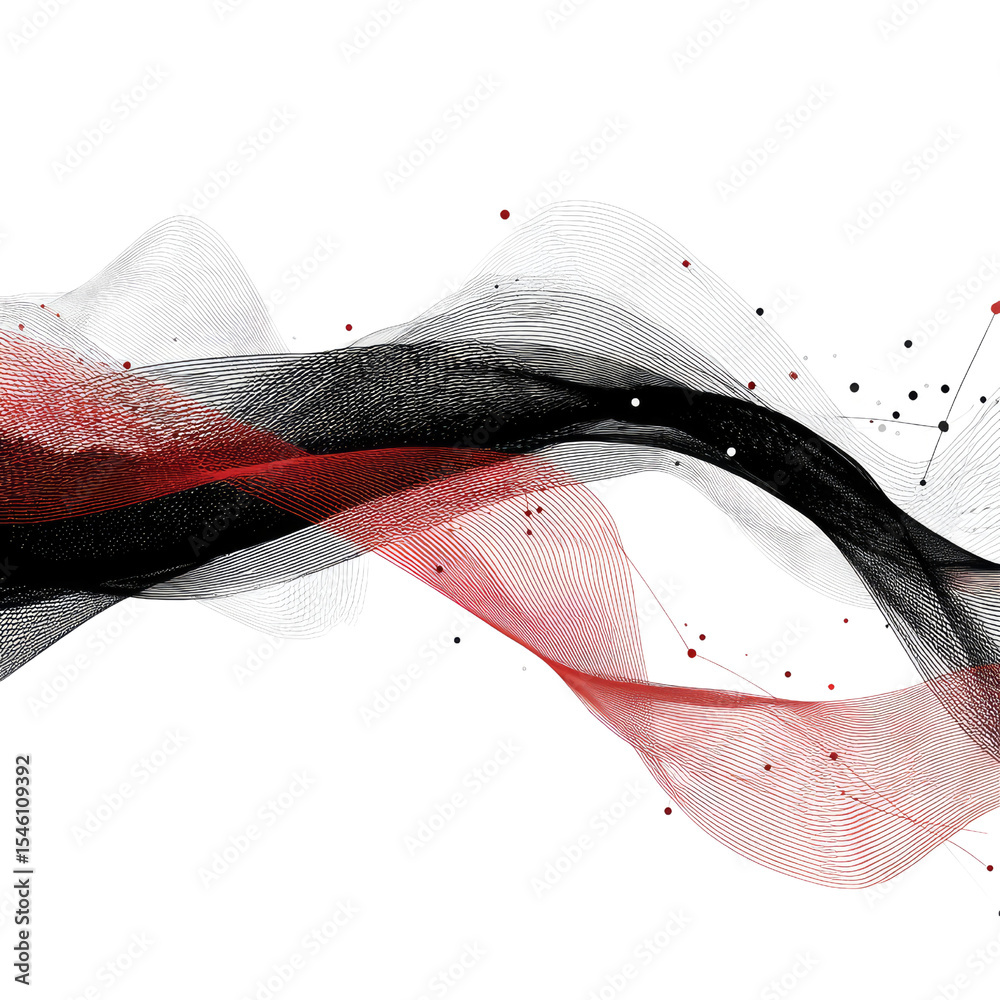 Poster abstract flowing lines in red, black, and white with dynamic movement and elegant wave patterns on a