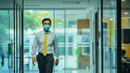 A businessman wearing a mask walks through a modern office hallway during a pandemic - Powered by Adobe