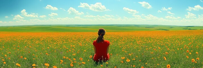 Woman in flower field, sunny idyllic meadow scene
