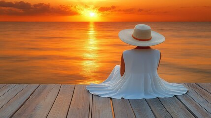 Woman in hat watching sunset on pier