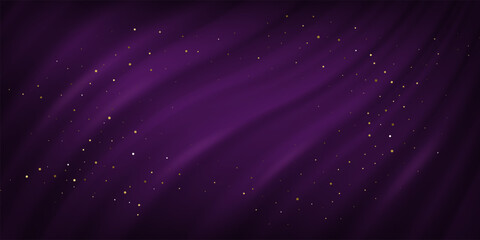 Purple silk fabric luxury background with golden dust. Wavy satin cloth texture backdrop for product display or award ceremony. Elegant realistic vector illustration.