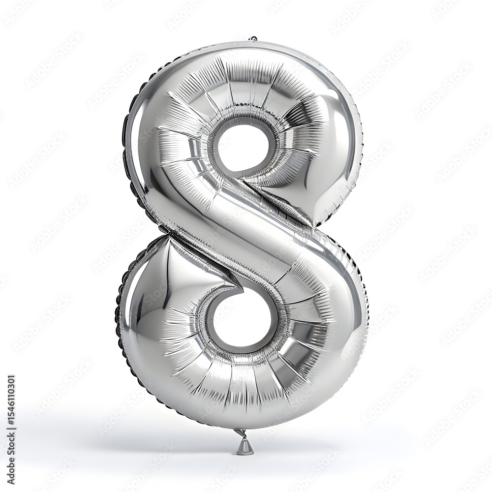 Fototapete A balloon shaped like the number 8 ,silver metallic finish with realistic reflections and smooth texture.