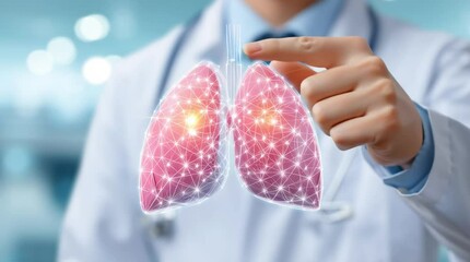 Lung cancer doctor pointing at digital lungs with glowing cancer spots and network connections symbolizing advanced medical technology healthcare diagnosis innovation in respiratory anatomy treatment - Powered by Adobe