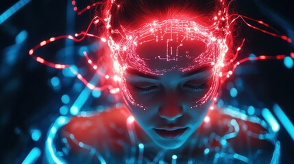 Woman with digital circuitry on her head, glowing networks