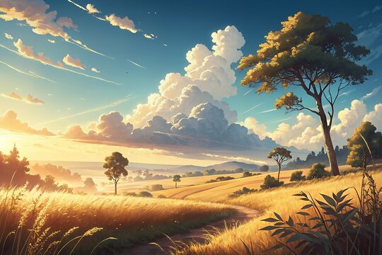 Fototapeta Serene summer sunset over golden wheat field with rolling hills and lush trees