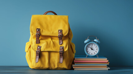 A vibrant yellow backpack, ready to embark on new adventures, sits beside a vintage clock and stack of books. It evokes feelings of anticipation and discovery. 