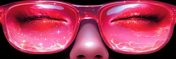 Woman's face reflected in glamorous pink sunglasses