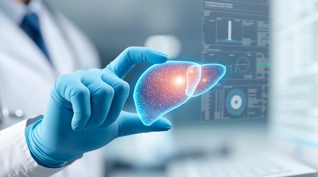 Liver cancer doctor examining digital hologram of liver with glowing cancer cells futuristic medical environment showing advanced healthcare technology and precision while wearing blue gloves