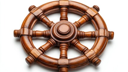 Wooden Ship's Wheel on White Background