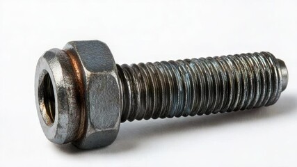 A detailed shot of a single screw on a clean white surface, ideal for use in product demonstrations or DIY tutorials