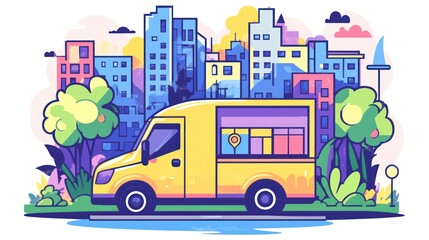 Yellow Van in Cityscape Cartoon Illustration