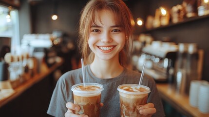 Young Woman Holding Two Iced Coffee Drinks in a Cafe