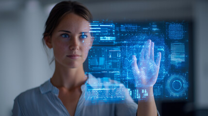 Female entrepreneur holding transparent holographic dashboard, finance data visualization, digital AI assistant, blue glow, futuristic office interior, minimal background, copy spa