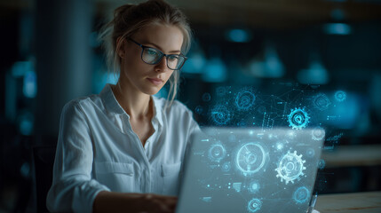 Woman using laptop, holographic AI assistant popping out of screen, gears, charts, global network connections, blue light, corporate workspace, shallow depth, modern technology vib