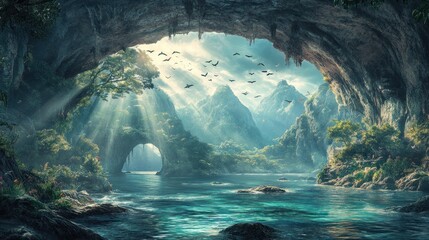 Lush cave opening to a tranquil mountain lake.
