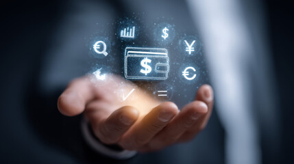 AI digital wallet interface floating in businessmans palm, currency exchange, payment processing icons, glowing holographic design, shallow depth of field, copy space