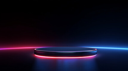 Tech gadget floating on abstract futuristic platform, neon lights, glowing rim light, dark background, high contrast highlights, copy space