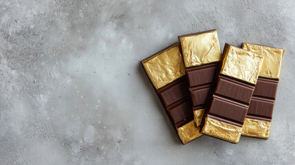 Chocolate bars on textured concrete background, golden foil details, minimal packaging display, elegant food styling, copy space