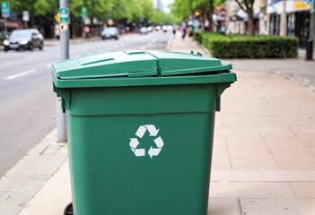 A trash bin on the city sidewalk