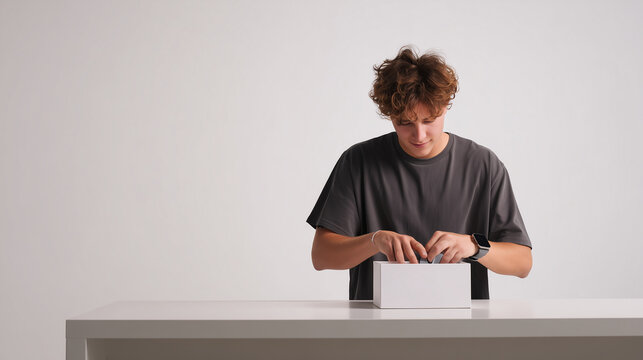 Young man unboxing tech gadget, modern minimalist desk, white background, product launch mood, copy space