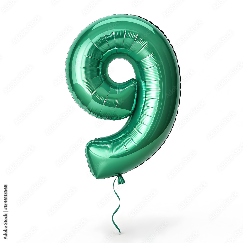 Fototapete a balloon shaped like the number 9,emerald green metallic finish with realistic reflections and smoo