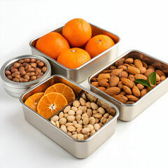 Metal containers with oranges and nuts isolated on transparent background  