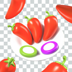 Bright peppers on plate, radishes. Stuffed vegetables. Appetizing raw dish
