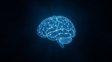 "A high-resolution, X-ray style image of a human brain in blue tones, transparent effect showing inner structures, neural network connections glowing, on a dark background, medical and futuristic styl