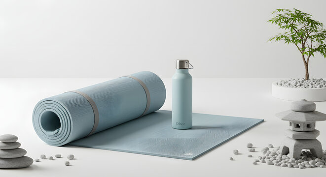 A rolled yoga mat mockup with a minimalist water bottle, set against a serene white background with Zen elements.