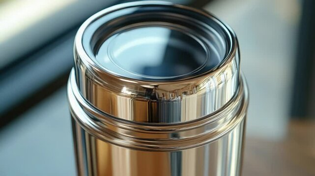 Close-up shot of a metal cup on a table, suitable for use in product design, advertising, or editorial layouts