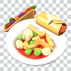Realistic plate with vegetable soup, quesadilla, taquitos. Vector creative culinary composition