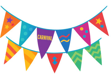 Vibrant carnival bunting with festive text hanging against transparent backdrop, creating celebratory atmosphere