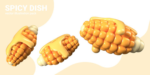 Small baked corn with melted butter. Vegetarian dish in different positions