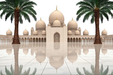Naklejka premium Pixel Art Mosque Reflection Grand White Structure with Palm Trees