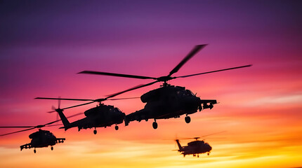 Formation of Silhouetted Military Helicopters Flying Against a Vibrant Sunset Sky with Orange and Purple Hues