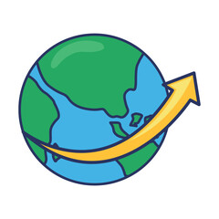 Global Growth Icon – Flat Earth Illustration with Upward Arrow Representing International Business and Expansion